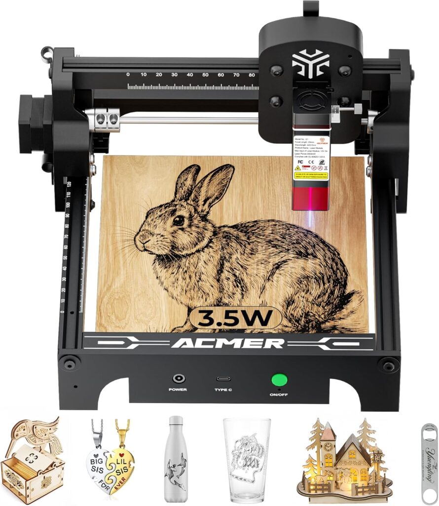 ACMER S1 Laser Engraver, 3500mW Laser Engraver Machine Higher Accuracy Wood Cutter and Engraving Machine with Working Area 130x130mm,0.04mm Laser Spot for Wood Acrylic Metal Glass