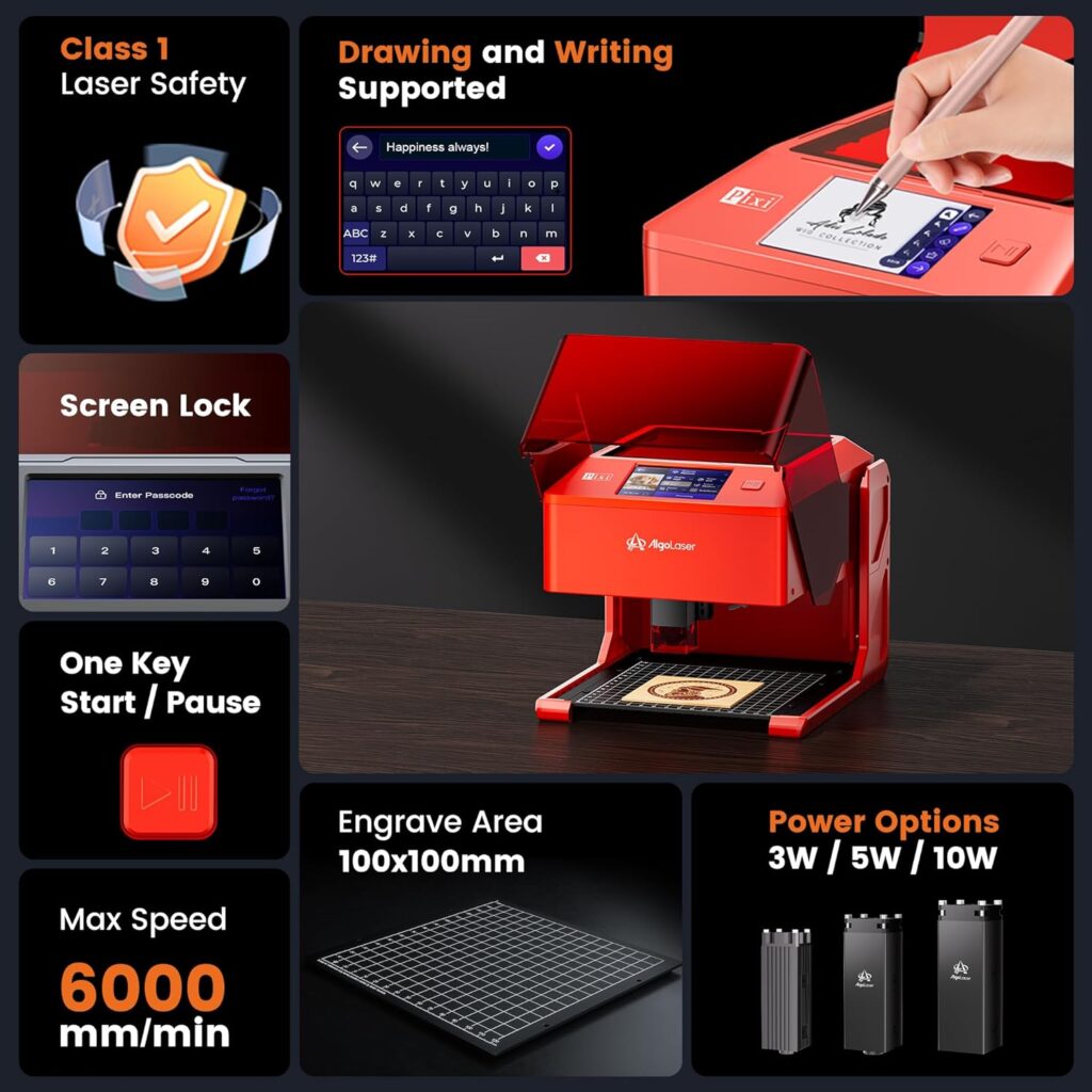 AlgoLaser 3W Smart Laser Engraver Machine, Class 1 Portable Laser Cutter with Built-in 2.0 AlgoOS System, No PC Needed, Laser Engraving for Wood, Acrylic, Leather.