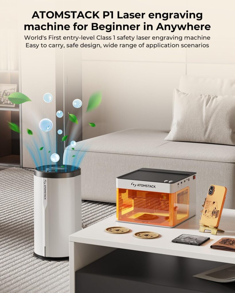 ATOMSTACK P1 5W Laser Engraver, Laser Cutter, Unibody Laser Engraving Machine, 10000 mm/min, 5000mW Diode for Beginners DIY, Wood, Leather, Acrylic, Metal, Portable, Single Laser, Class 1 Safe