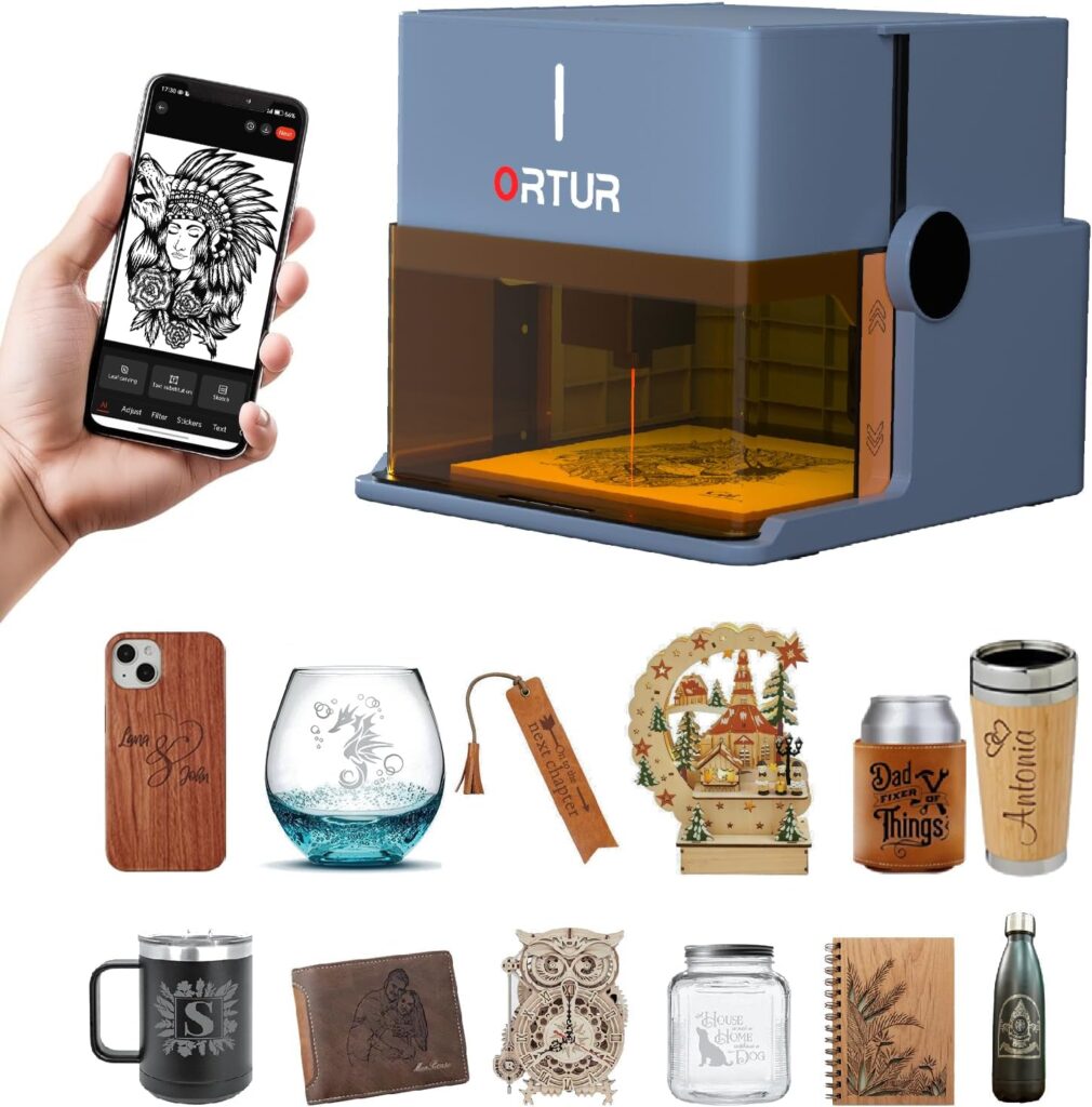 Ortur R1 5000mW Portable Laser Engraver and Cutter, Class 1 Foldable Laser Engraver, Exquisite Gift Box Packaging, APP Control Laser Engraver for Wood, Leather, Glass, Cloth (Misty Blue)