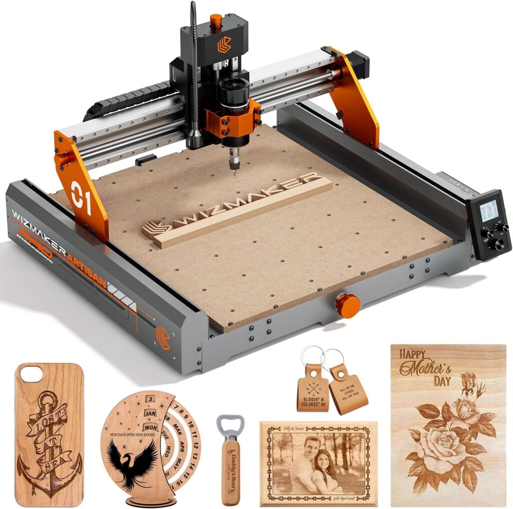 WIZMAKER Artsian 01 CNC Router Machine 12000 RPM 300W GRBL Control 3-Axis Engraving 0.1mm Accuracy Spindle Laser Mode Switch Industrial Workrange 16.53x16.53x3.54 Engraver 98% Pre-Assembled