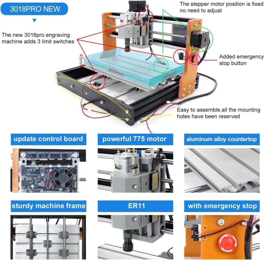 CNCTOPBAOS Upgraded 3018-PRO CNC Router Engraving Machine 300x180x45mm with Limit Switches,E-Stop,10000rpm Spindle for Wood Acrylic PCB Aluminum Desktop DIY Mini GRBL Control 3 Axis Milling Machine
