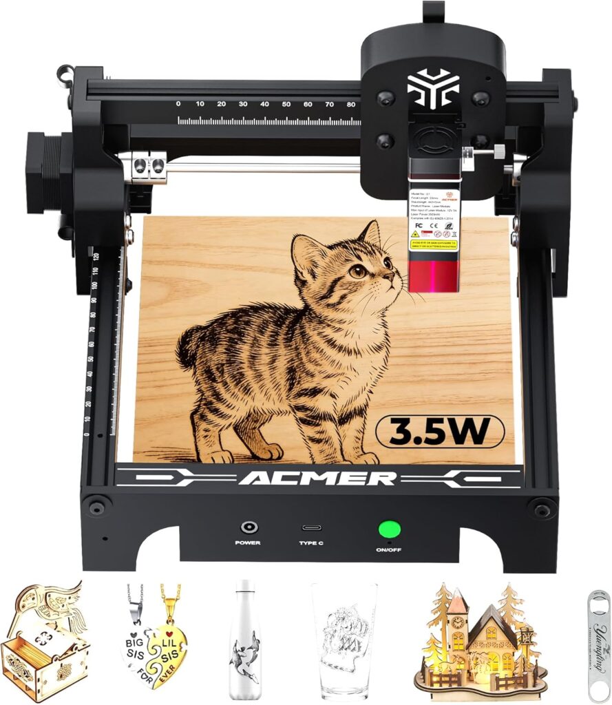 ACMER S1 Laser Engraver 3500mW, Compact Desktop Engraving  Cutting Machine for DIY Crafts, Small Business  Makers, 130x130mm Work Area, 0.04mm Detail Engraving for Wood, Acrylic