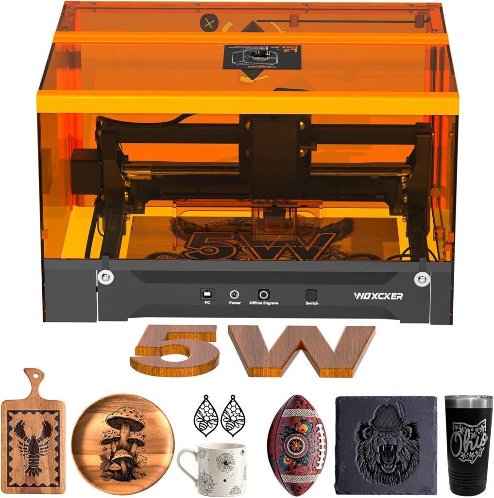 Laser Engraving Machine for Beginners, Woxcker L2 Flex 5W Enclosure Pre-Assemble Laser Engraver 0.01mm High Precision for Coated Metal, Wood, Acrylic, Leather, Glass (Class Output 5000mW）